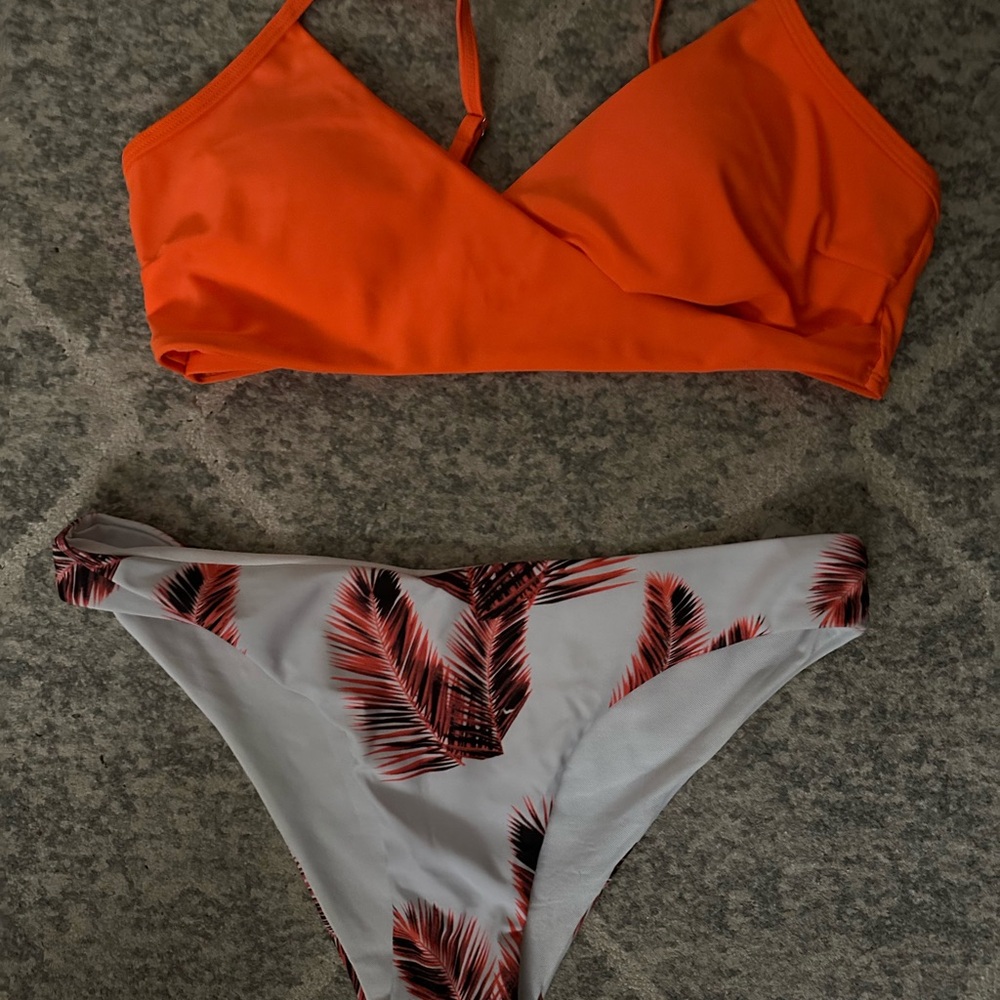 SHEIN Vibrant Orange Bikini with Palm Leaf Design